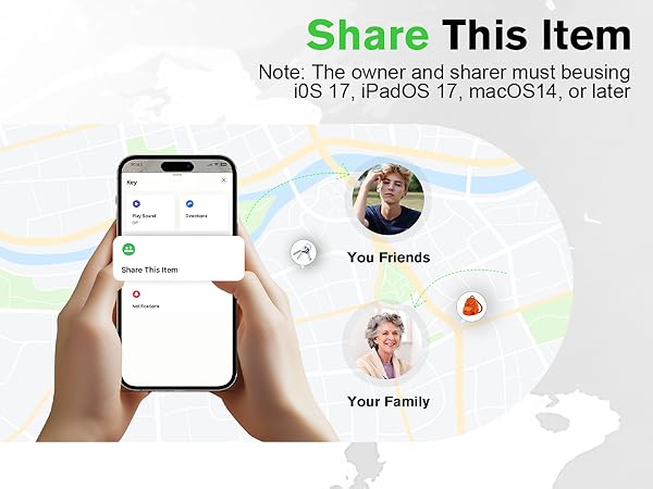 Text reads 'Share This Item'. Mobile app interface screenshots showing map view and sharing options with family and friends sections.