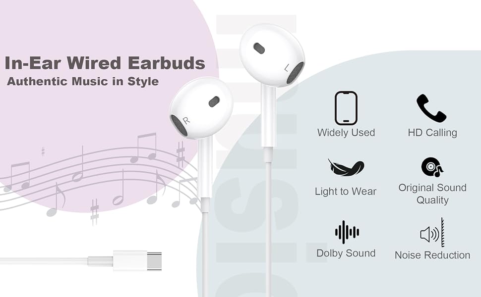 Text reads 'In-Ear Wired Earbuds' and 'Authentic Music In Style'. Product features shown with icons: Weight/Form, HD Calling, Dolby Sound, and Noise Reduction.