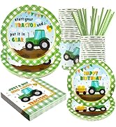 Tractor Party Supplies Decorations, Disposable Kids Birthday Paper Plates and Napkins Set with Cu...