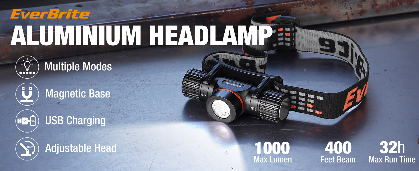 EverBrite rechargeable headlamp has 5 modes, magnetic base, max 1000lm