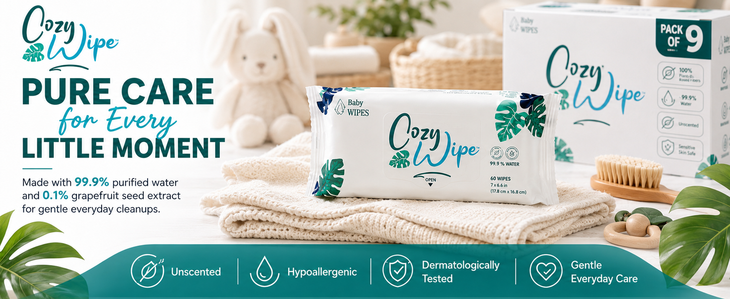 Cozy Wipe baby wipes with purified water formula for gentle everyday cleanups.