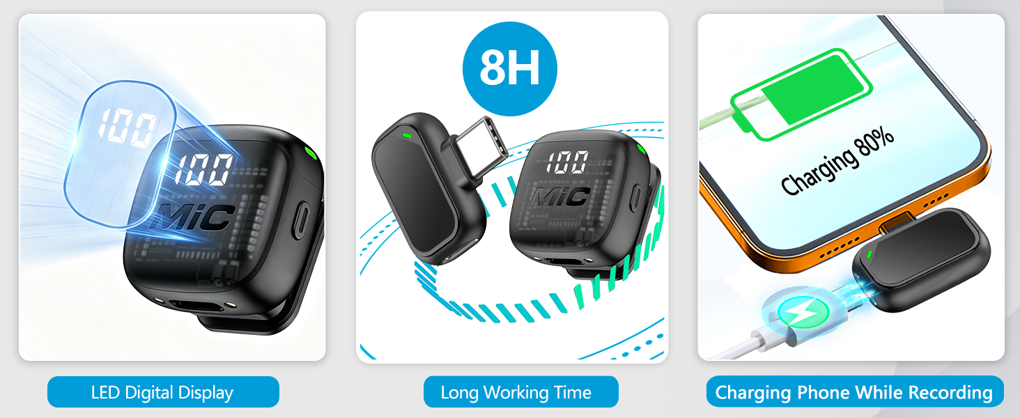 Three smartwatch/fitness device images showing "8H" battery indicator and charging capability. Devices displayed with blue accent panels indicating tech features and battery life.