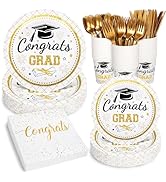 Whaline 175 Pcs Graduation Party Supplies, Paper Plates and Napkins Set, 25 Guests Gold Congrats ...