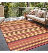 WondRg Outdoor Plastic Straw Rug Waterproof Patio 5x8 Red Orange Stripe Mat for Porch Camping RV ...