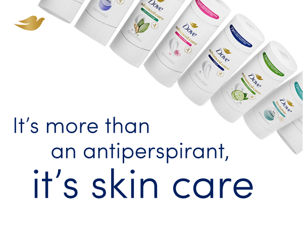 Full range of Dove's Advanced Care Antiperspirant Deodorant next to text about skin care.
