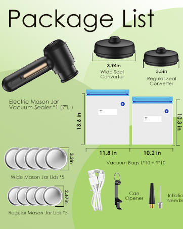 20 Reusable Vacuum Bags, 10 Mason Lids, 3-in-1 Handheld Vacuum Sealer