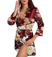 Womens Satin Kimono Robe Silk Robes Floral Bathrobe Bride Bridesmaid Wedding Silky Bridal Dressin...