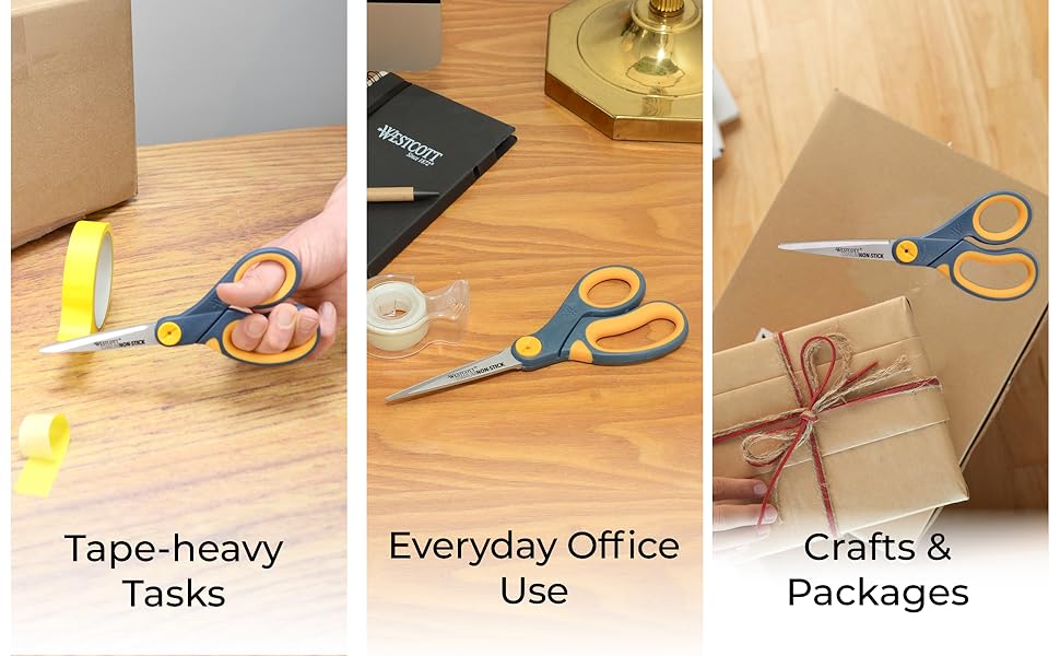 Image of scissors with text reading tape heavy tasks everyday office use and crafts and packages.