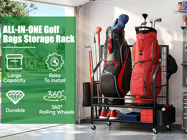 Golf Bag Storage Rack for Garage, Golf Bag Organizer and Golf Accessories, Golf Bag Storage Stand