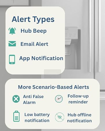 95dB loud hub alarm, app push notification, email alert