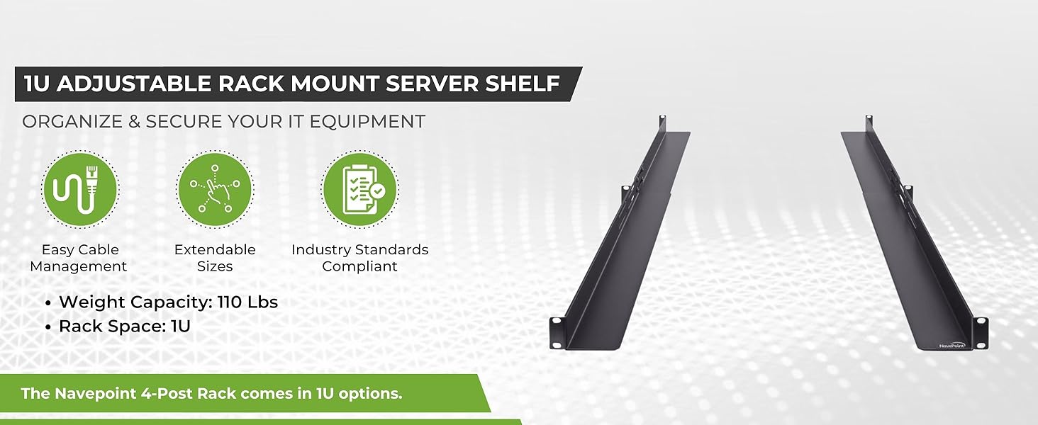 NavePoint 1U Adjustable Rack Mount Server Shelf Rails