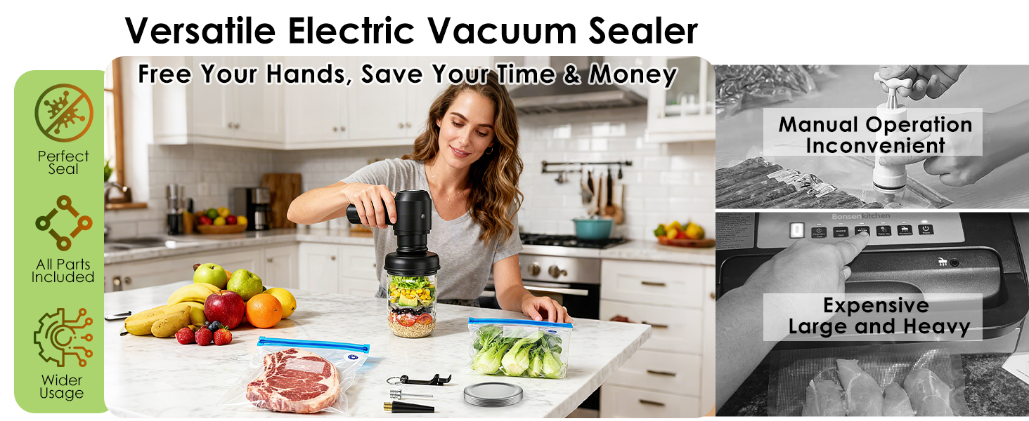 MFTEK 3-in-1 Electric Mason Jar Vacuum Sealer Kit for Mason Jars, Food Savers &amp;amp; Containers