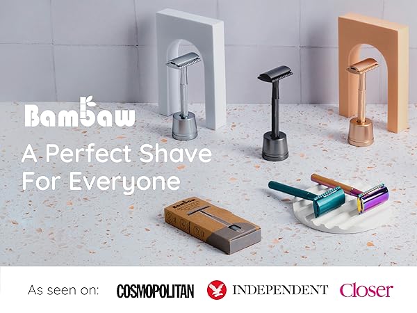 Bambaw razor set display with three handle colors: silver, black, and wood. Includes replacement blades and toiletry bag. Text mentions 'A Perfect Shave For Everyone'.