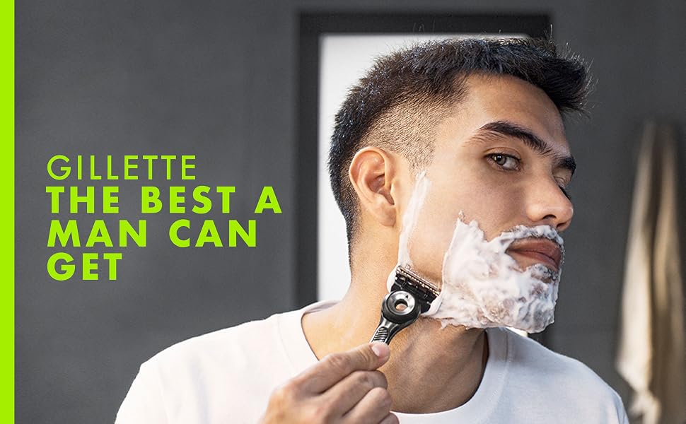 A man shaving his face with a GilletteLabs razor. &amp;#39;Gillette the best a man can get&amp;#39; slogan.