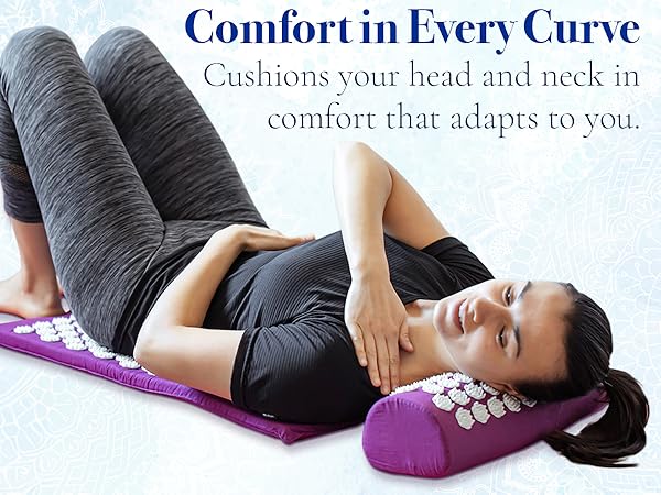 Text reads 'Comfort in Every Curve'. Curved neck support pillow shown with person resting, demonstrating head and neck alignment in multiple positions.