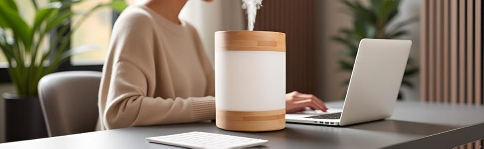 Woman using computer with humidifier on desk releasing mist to reduce dry air