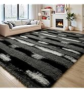 FALARK Fluffy Area Rugs for Bedroom Living Room, 4x6 Black and Grey Soft Plush Striped Rug, Moder...