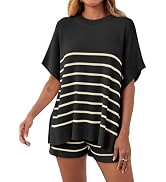 Fisoew Women's Striped 2 Piece Outfits Oversized Batwing Short Sleeve Tops High Waisted Shorts Su...