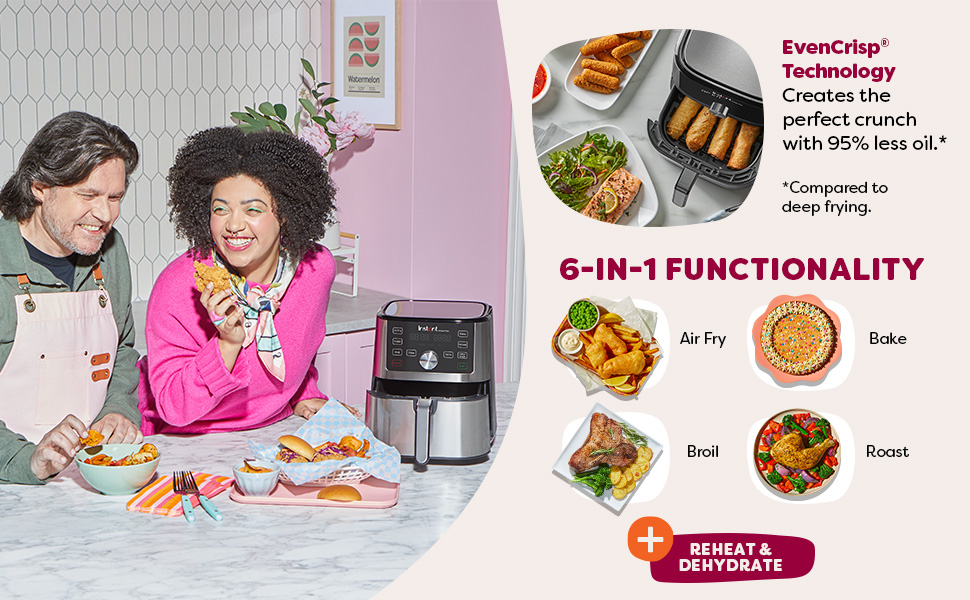 Vortex Plus with a plate of food beside it. Text highlights 7-in-1 functions