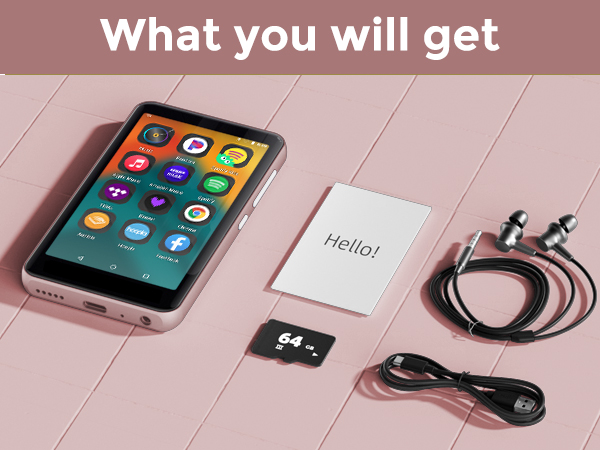 Text reads 'What you will get'. Product layout showing smartphone, charging cable, adapter, and additional accessories on pink background.