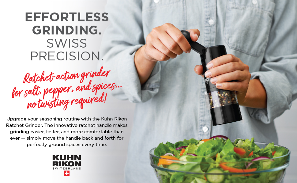 Kuhn Rikon ratchet grinder seasoning food with easy one-hand operation