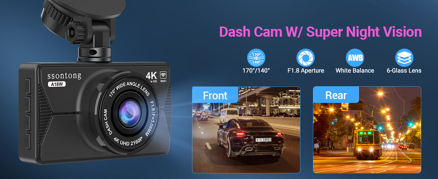 Dash cam with 4K resolution and super night vision. Features include 170° wide-angle lens, F1.8 aperture, WDR, and G-sensor. Shows front and rear camera views.