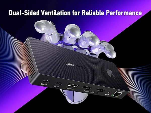 Text reads 'Dual-sided Ventilation for Reliable Performance' Technical product diagram showing airflow patterns through a gaming device with blue lighting effects against dark background.