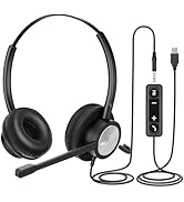 MKJ USB Headset with Microphone Noise Cancelling for PC, Dual Ear USB/3.5mm Computer Headset for ...