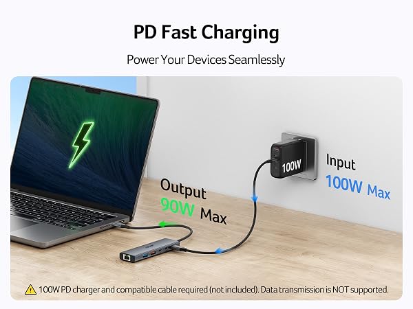 Text reads 'PD Fast Charging' and 'Power Your Devices Seamlessly'. USB-C charging cable connected to laptop and power adapter on desk, displaying power output and input specifications.