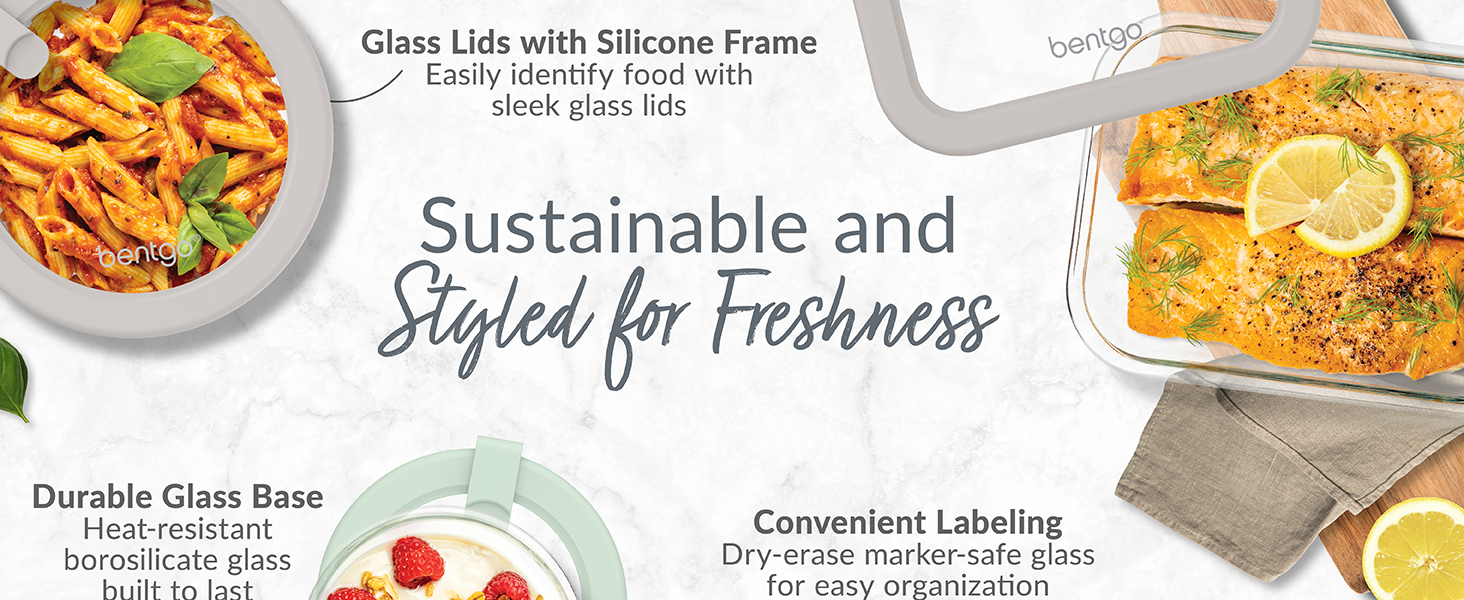 bentgo, bentgo signature glass food storage, bentgo plastic free glass storage, stylish glass lids
