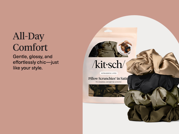 Kitsch Pillow Satin Scrunchies for Women Black, 4pcs