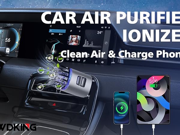 Ionic Car Air Purifier with Dual USB Car Charger