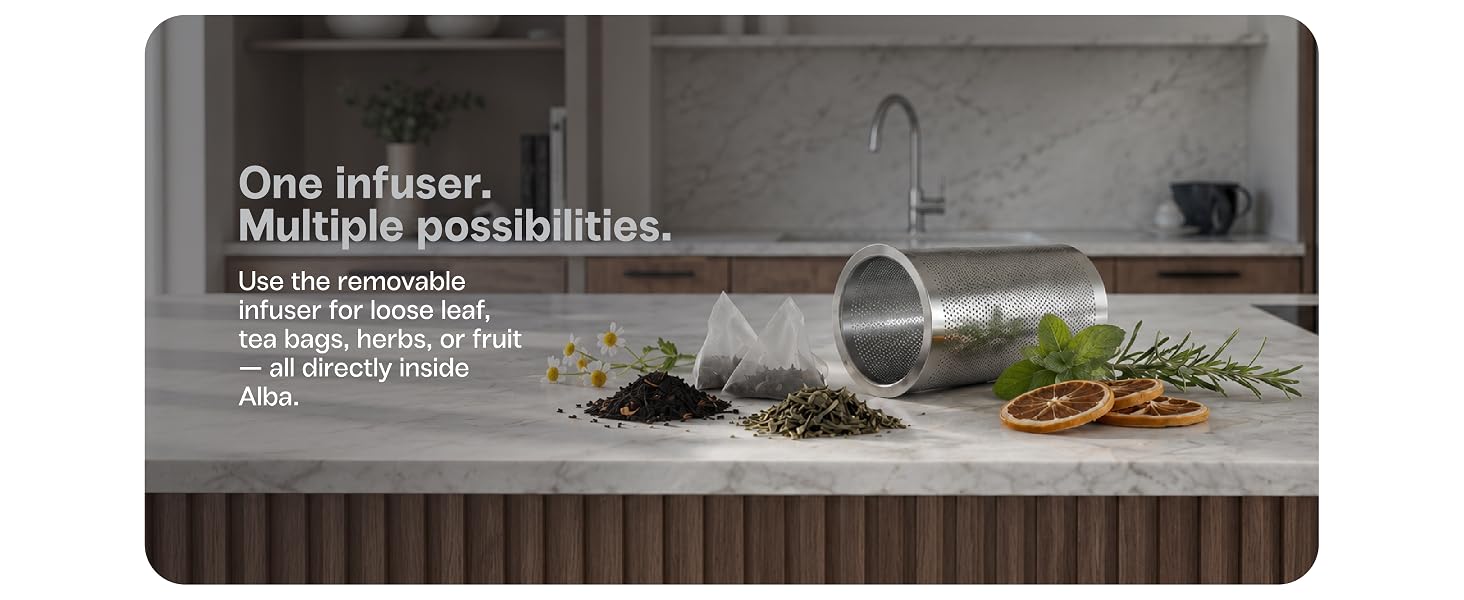 Removable stainless steel tea infuser for loose leaf tea, herbs, fruit and tea bags