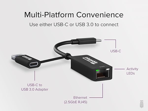 Multi-platform USB-C adapter for fast 2.5Gb Ethernet connectivity on laptops, tablets, and more