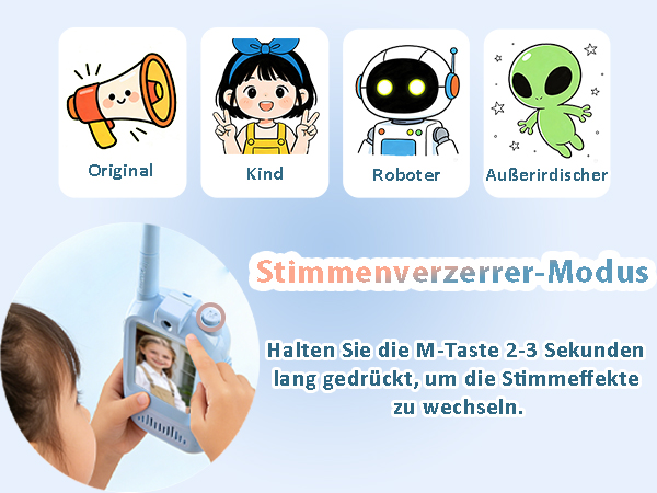 Text reads 'Stimmenverzerrer-Modus'. Row of cartoon avatar icons showing different voice effect options: Original, Kind (Child), Roboter (Robot), and Außerirdischer (Alien).