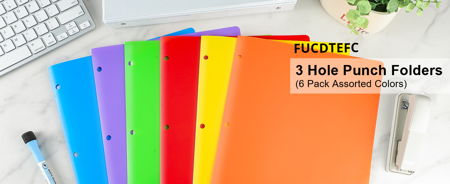 6 Pack Folders with Pockets, Plastic 3 Hole Punched Binder Folders with Business Card Holder