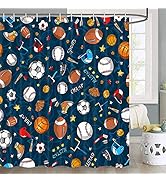 JAWO Sports Shower Curtain for Kids Children Teens, Basketball Football Baseball Hockey Star Blue...