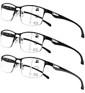 Progressive Multifocus Reading Glasses for Men,Lightweight Metal Half Frame Blue Light Blocking C...