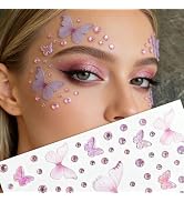 Pink Butterfly Face Gems Stickers - Summer Self-Adhesive Rhinestone Face Jewels for Eyes, Cheeks,...