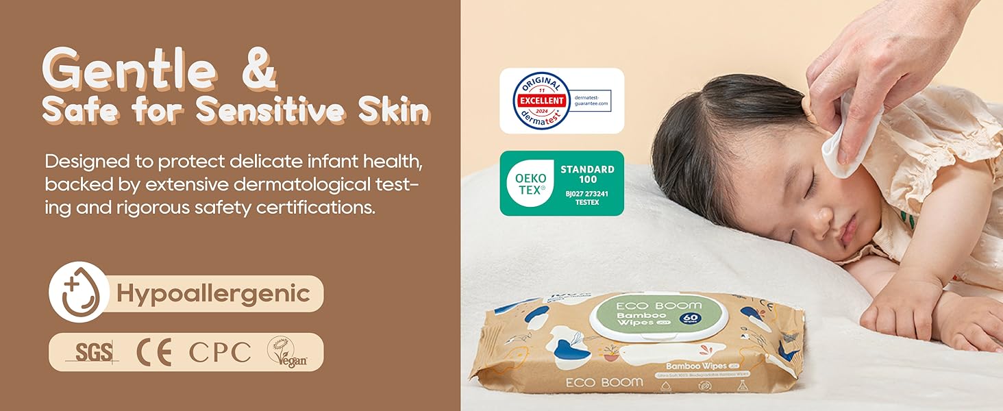 Dermatologist tested baby wipes to protect sensitive newborn skin from eczema and diaper rash.