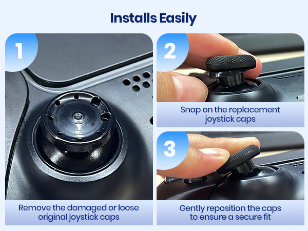 Text reads 'Installs Easily'. Three-step instruction diagram showing joystick repair: 1) Remove damaged cap, 2) Position replacement cap, 3) Press to secure cap in place.