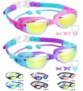 Vvinca Kids Swim Goggles, 2 Packs Swimming Goggles with Earplugs&amp; Nose Clip Anti Fog/UV Goggles f...