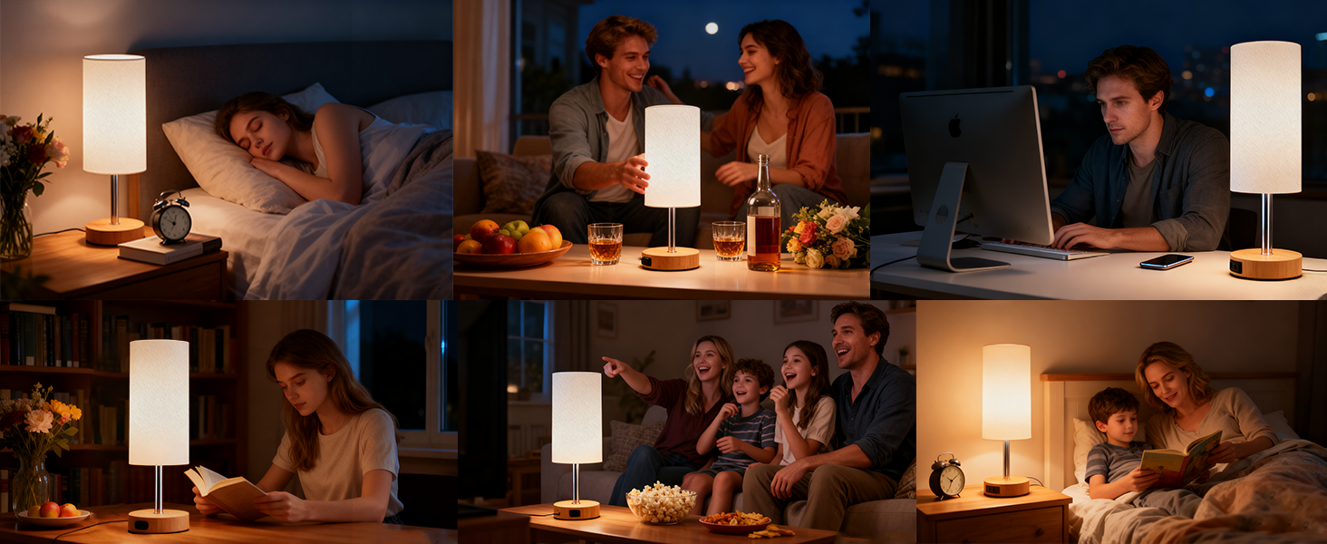 Collection of lifestyle photos showing people using table lamps in evening settings, demonstrating warm ambient lighting in social and relaxation scenarios.