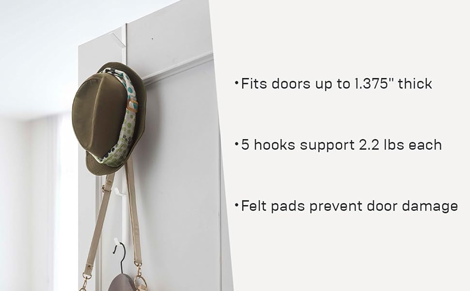 Over-the-Door Vertical Hooks displayed in a modern home featuring three bullet points.