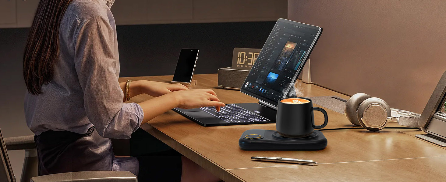Person working at desk with laptop, headphones, and coffee mug. Multiple shots show different angles of workspace setup.
