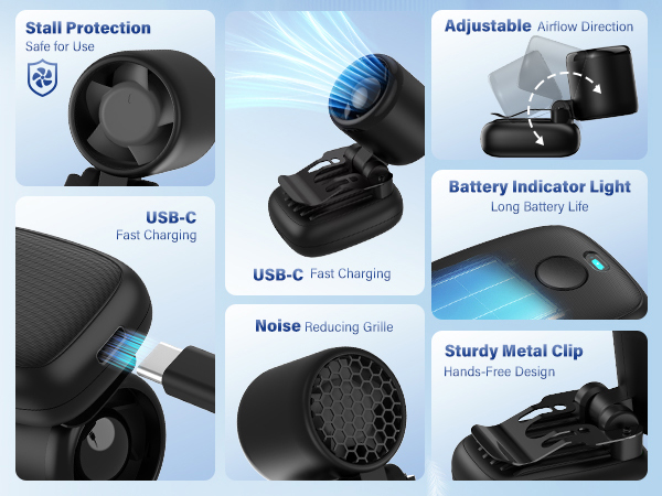 Mini fan with USB-C fast charging adjustable airflow and sturdy metal clip for stability in motion