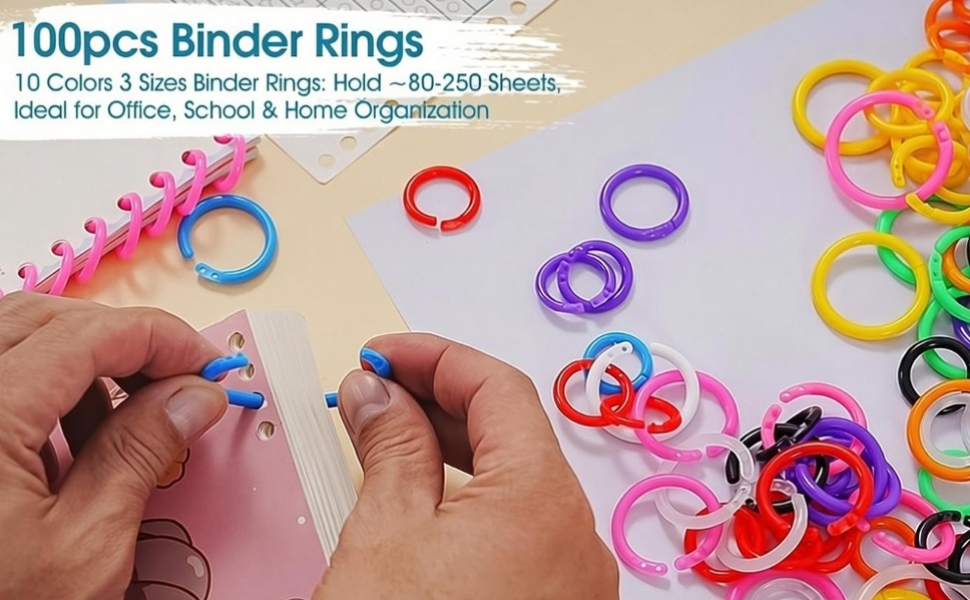 100 packs of colorful book rings include 10 colors in 3 sizes
