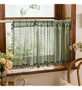 Sutuo Home Olive Green Boho Window Curtains Valance 18 inches Long 2 Panels, Farmhouse Lace Sheer...