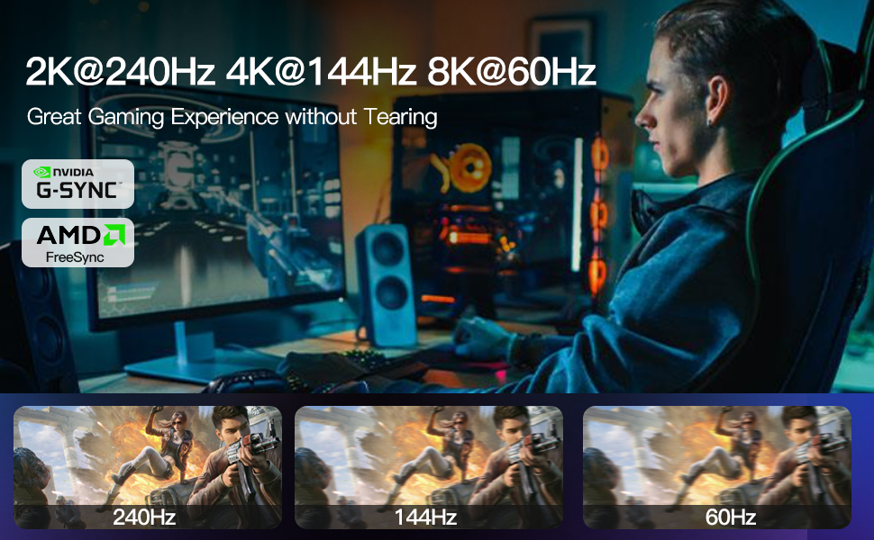 Gaming monitor advertisement showing refresh rates: 2K@240Hz, 4K@144Hz, 8K@60Hz. Features G-SYNC and AMD FreeSync logos. Displays gamer using multi-monitor setup and comparison images of different refresh rates.