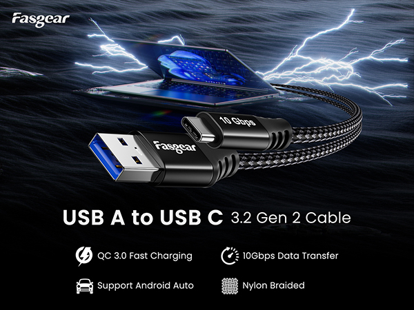 Fasgear USB to USB C Cable USB 3.2 Gen 2 10Gbps Data Transfer 3A Fast Charging